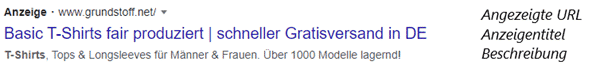 Google Ads Textanzeigen Beispielanzeige auf Google für den Suchbegriff "T-Shirt".