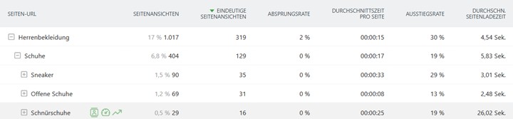 Ein Screenshot aus Matomo, der die Auswertung von Verzeichnissen und Seiten zeigt.